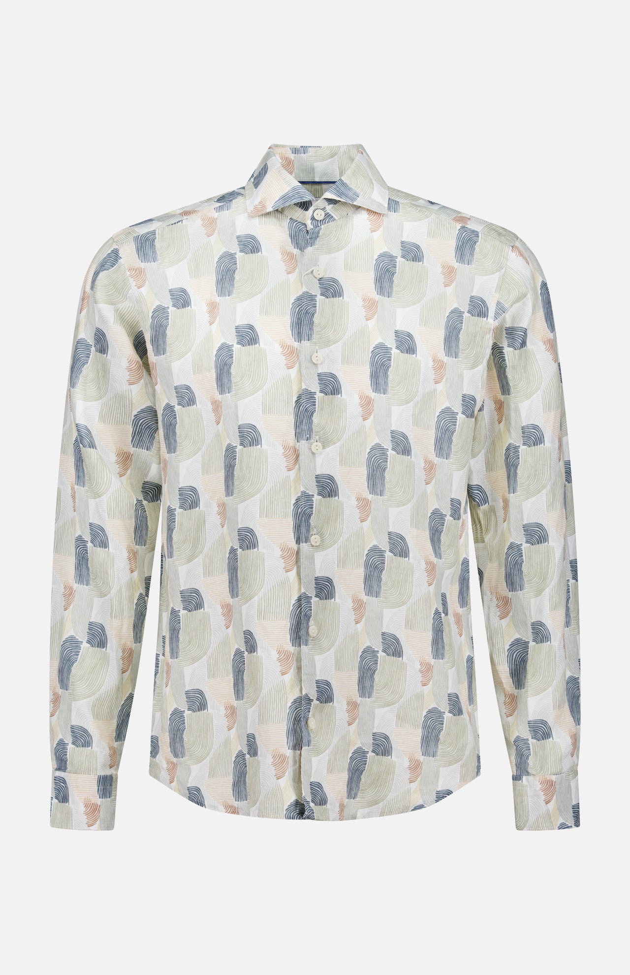 The ETON Geometric Print Linen Dress Shirt is a long-sleeve collared button-up featuring an abstract blue, green, beige, and gray pattern on white—ideal for special occasions.