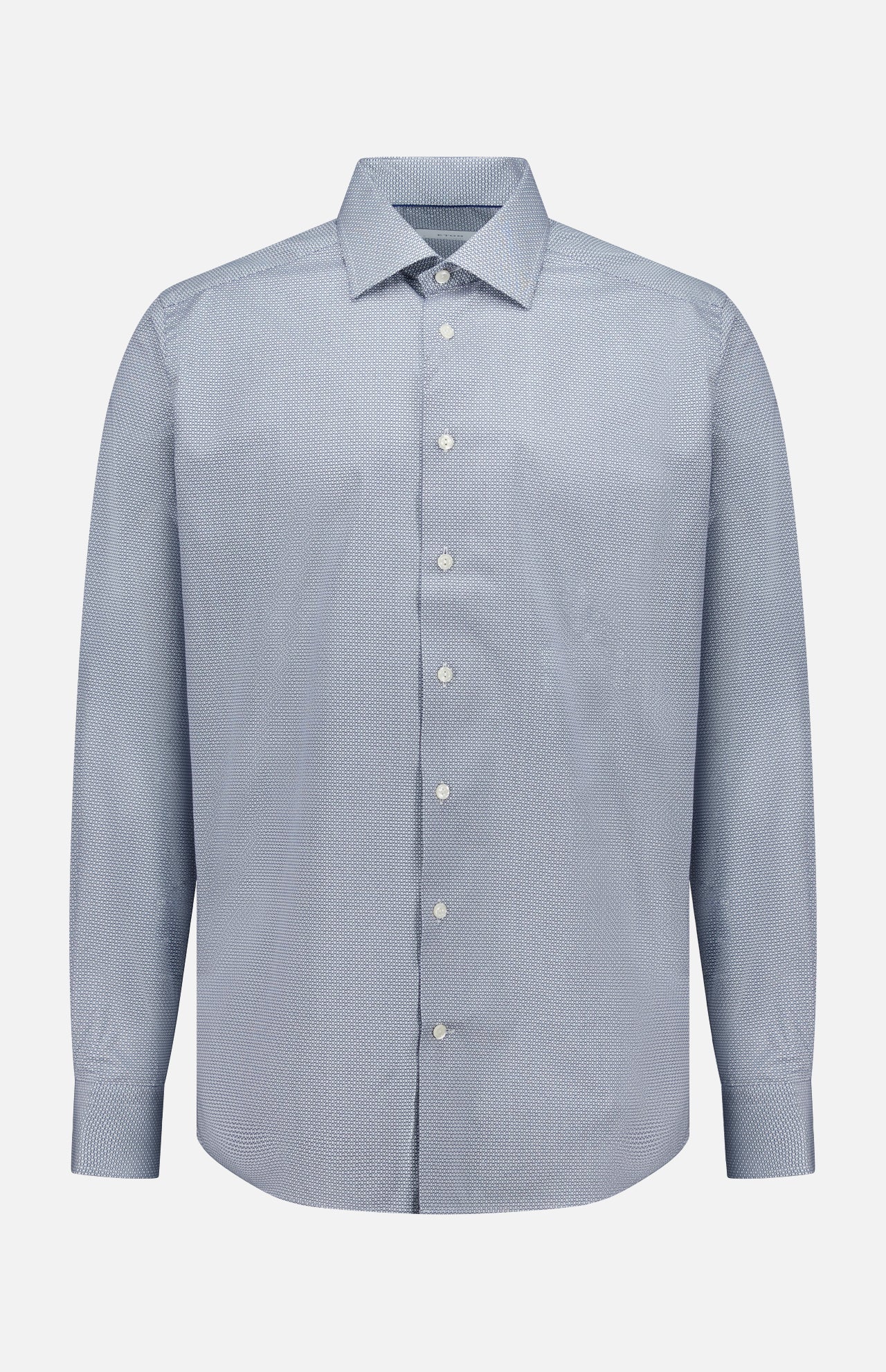 The ETON Geometric Signature Twill Dress Shirt features a light blue slim fit, subtle small dot pattern, wrinkle-resistant fabric, white buttons, pointed collar, and buttoned cuffs, shown on a plain white background.