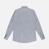 The ETON Geometric Signature Twill Dress Shirt in light blue features a slim fit, classic collar, buttoned cuffs, and long sleeves. Shown from the back, it’s laid flat on a white background.