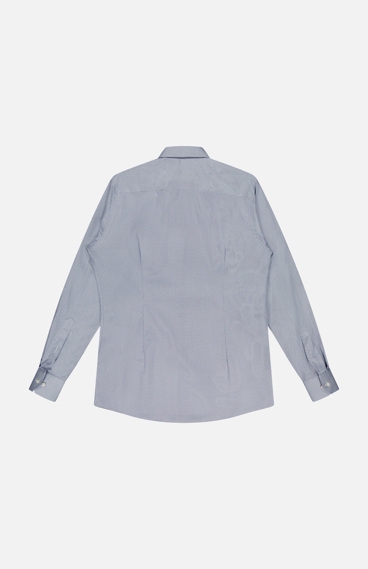 The ETON Geometric Signature Twill Dress Shirt in light blue features a slim fit, classic collar, buttoned cuffs, and long sleeves. Shown from the back, it’s laid flat on a white background.