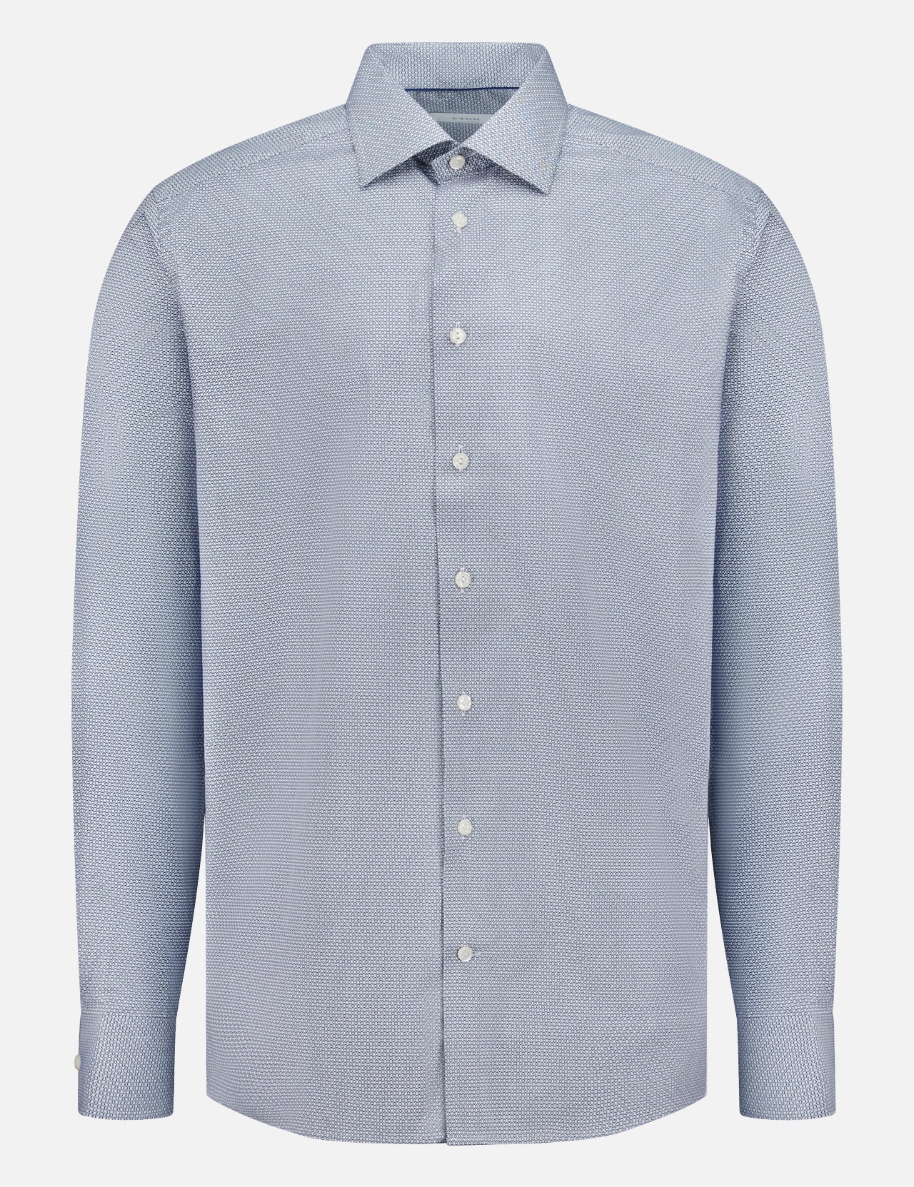 The ETON Geometric Signature Twill Dress Shirt is a light blue, long-sleeve, wrinkle-resistant organic cotton shirt with a subtle dotted pattern, classic collar, and white buttons, shown on a plain white background.