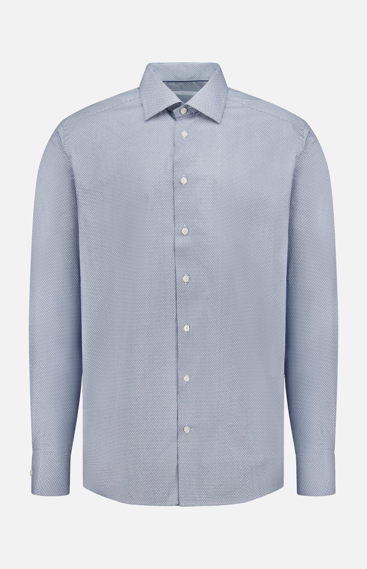The ETON Geometric Signature Twill Dress Shirt is a light blue, long-sleeve, wrinkle-resistant organic cotton shirt with a subtle dotted pattern, classic collar, and white buttons, shown on a plain white background.