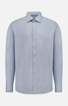 The ETON Geometric Signature Twill Dress Shirt is a light blue, long-sleeve, wrinkle-resistant organic cotton shirt with a subtle dotted pattern, classic collar, and white buttons, shown on a plain white background.