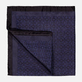 A luxurious accessory from ETON, the Medallion Woven Silk Pocket Square showcases a dark blue geometric medallion pattern with a solid navy border, elegantly set against a plain white background.