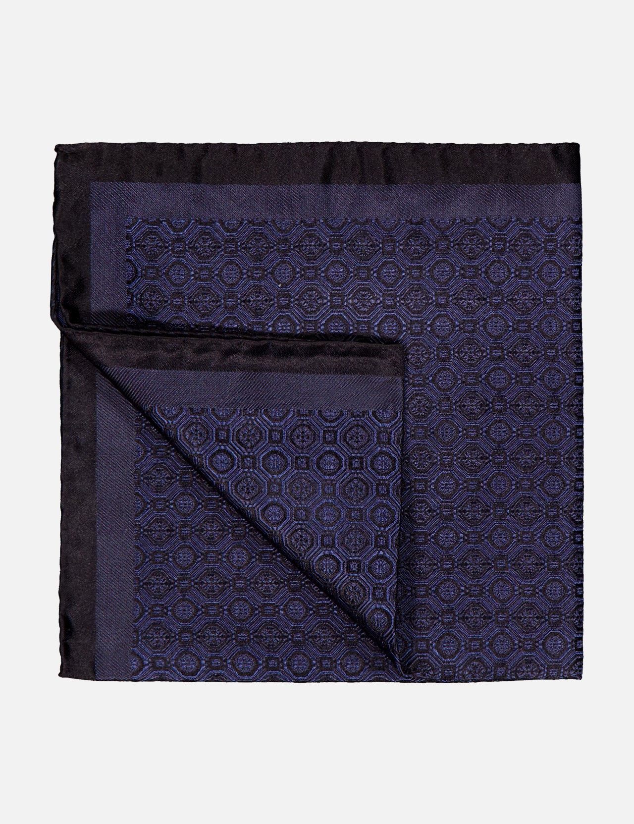 A luxurious accessory from ETON, the Medallion Woven Silk Pocket Square showcases a dark blue geometric medallion pattern with a solid navy border, elegantly set against a plain white background.