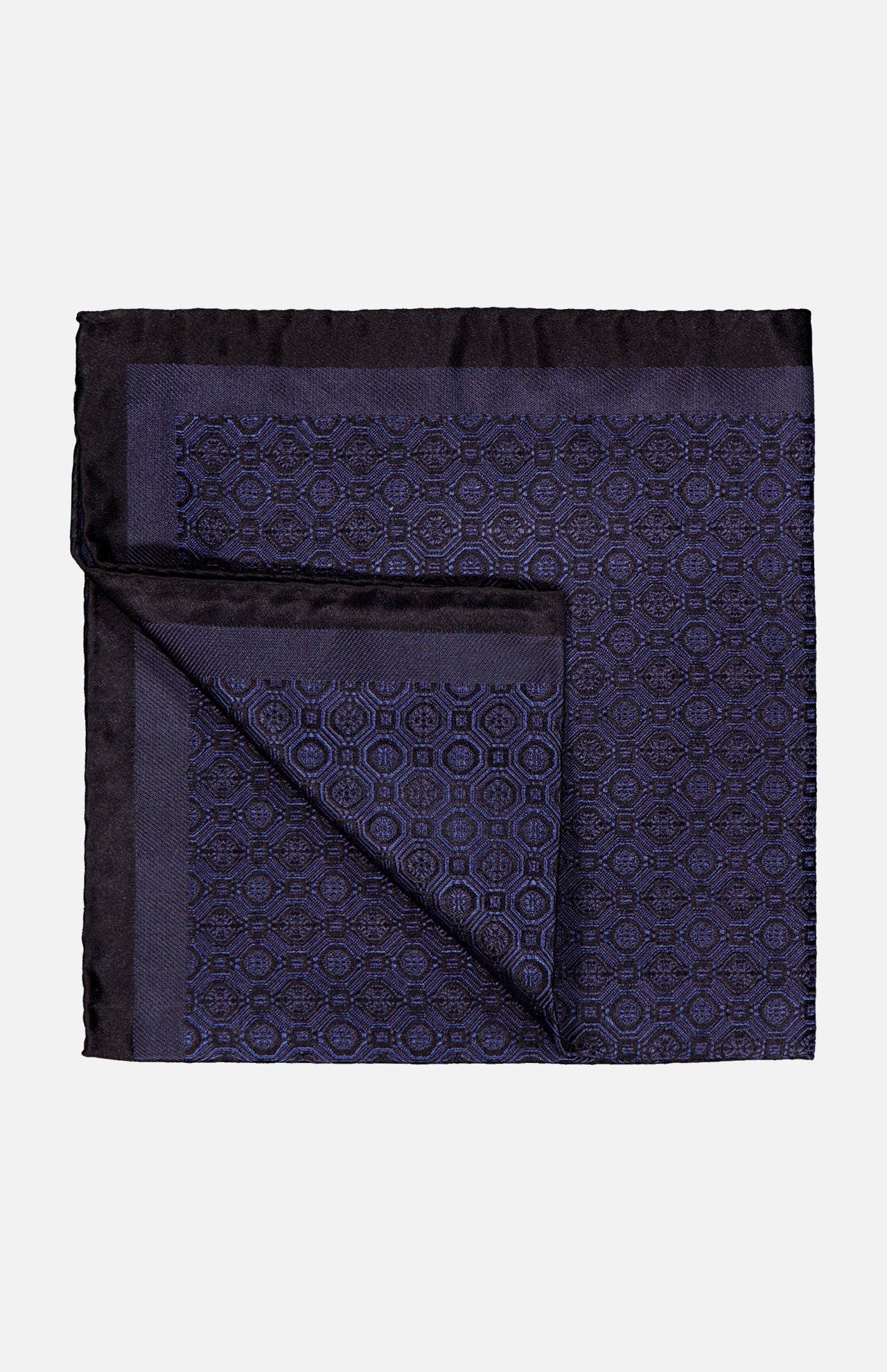 A luxurious accessory from ETON, the Medallion Woven Silk Pocket Square showcases a dark blue geometric medallion pattern with a solid navy border, elegantly set against a plain white background.