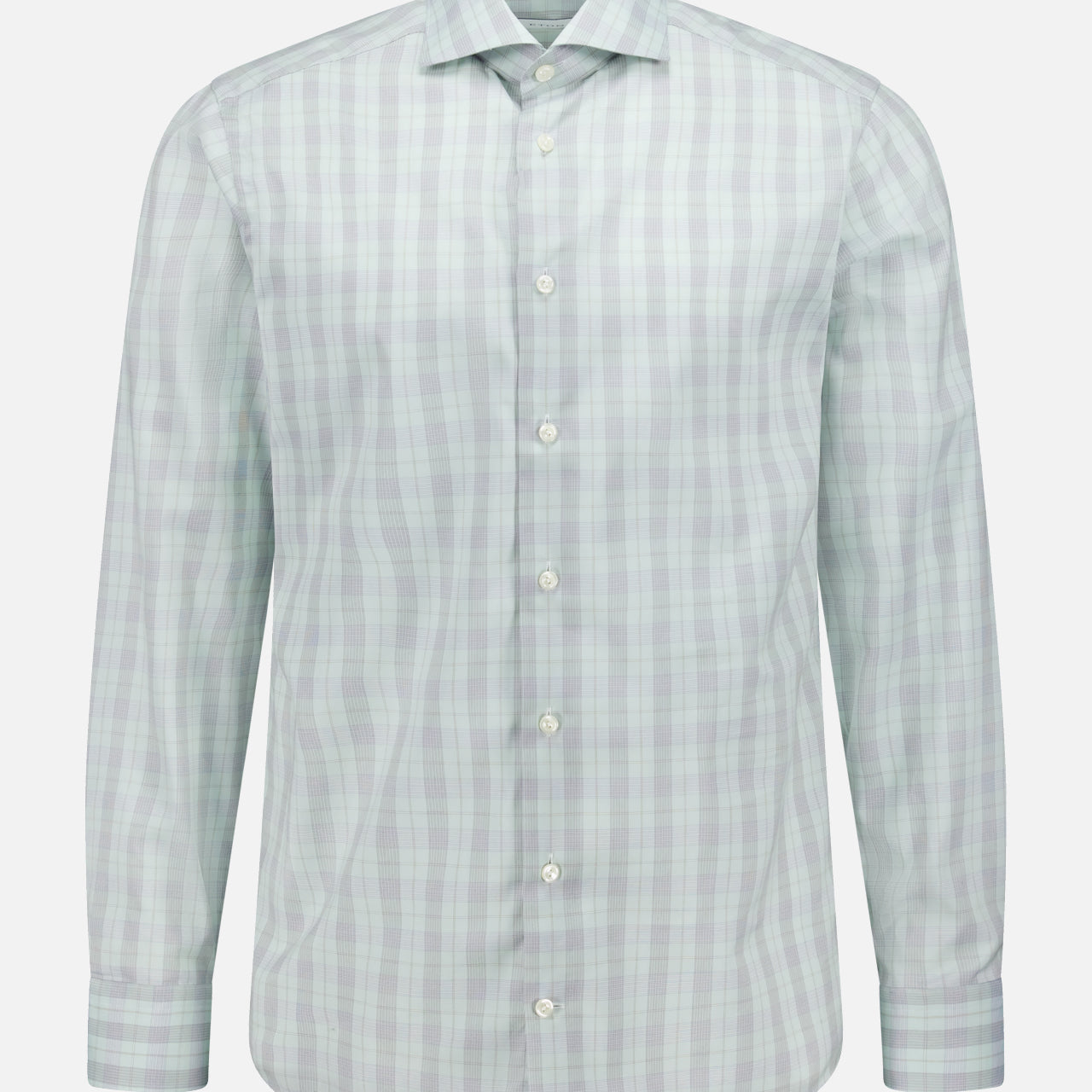 The ETON Plaid Breeze Poplin Dress Shirt, a slim fit with long sleeves in light green and white plaid, is shown on a plain white background.