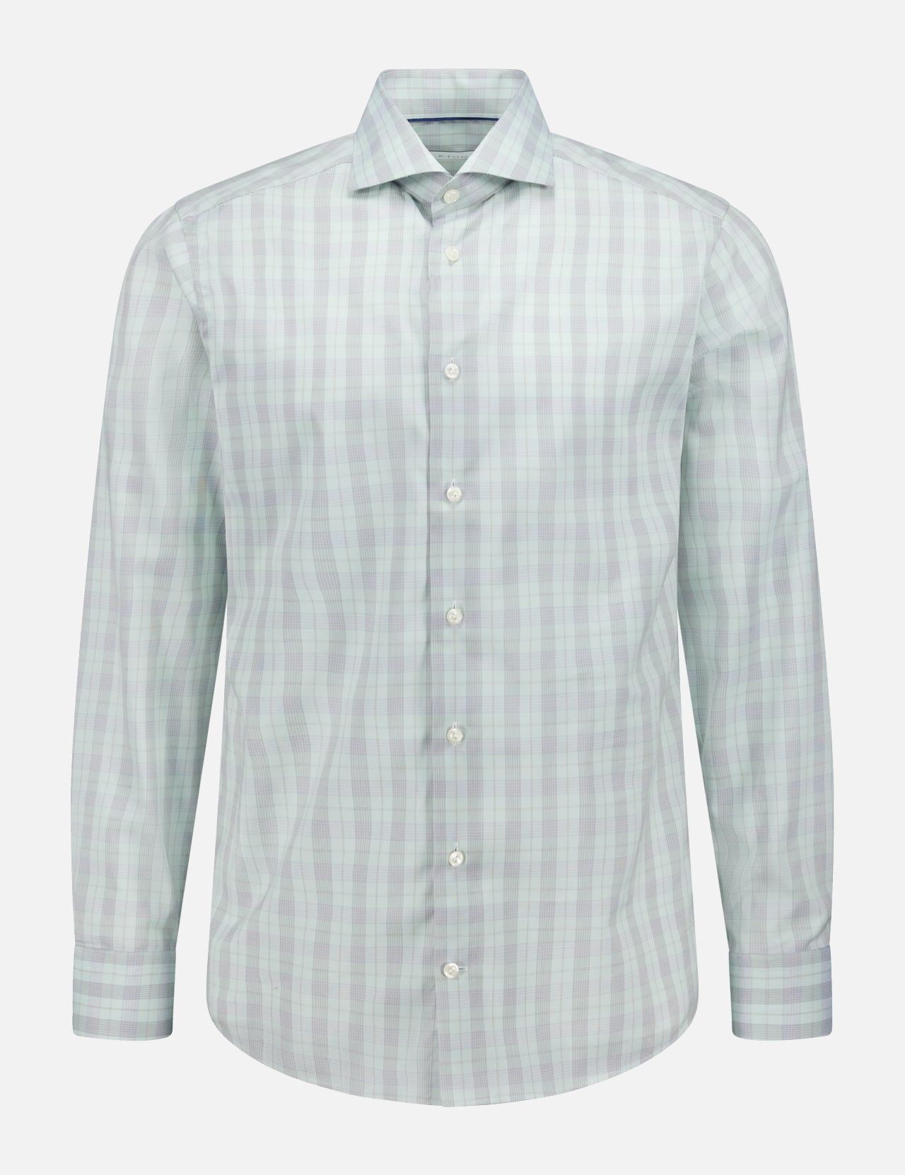 The ETON Plaid Breeze Poplin Dress Shirt, a slim fit with long sleeves in light green and white plaid, is shown on a plain white background.