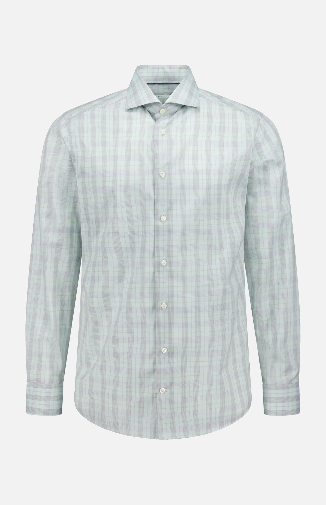 The ETON Plaid Breeze Poplin Dress Shirt, a slim fit with long sleeves in light green and white plaid, is shown on a plain white background.