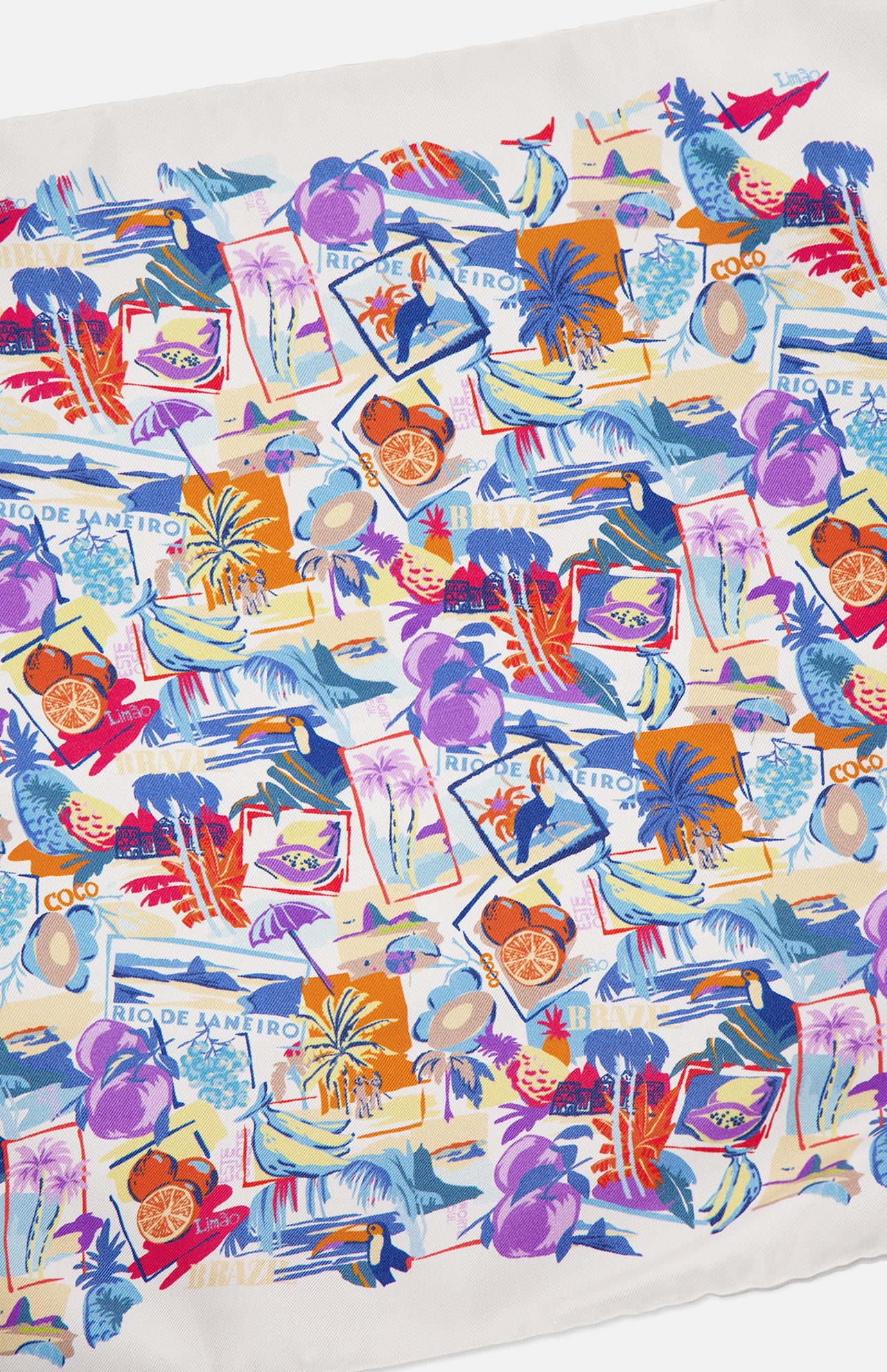 The ETON Postcard Silk Twill Pocket Square showcases a vibrant Rio de Janeiro-inspired pattern with palm trees, coconuts, beaches, oranges, postcards, and colorful travel motifs in blue, orange, purple, red, and yellow.