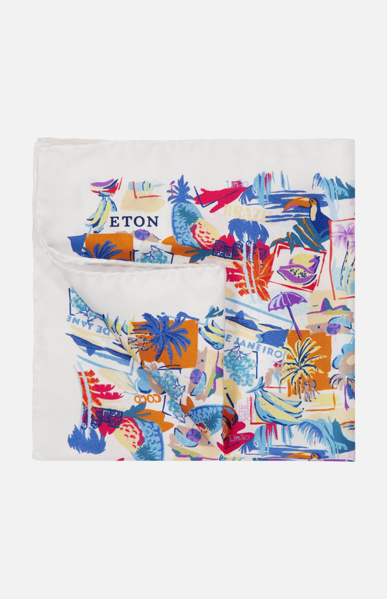 The ETON Postcard Silk Twill Pocket Square features a vibrant, travel-inspired motif with palm trees, flowers, and abstract shapes in blue, orange, pink, and purple on white. The ETON logo is incorporated into the design.