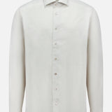 The ETON Semi Solid Cotton Linen Dress Shirt features a classic collar, button-up front, slim fit, and long sleeves in crisp white—ideal for formal occasions. Displayed on a white background.