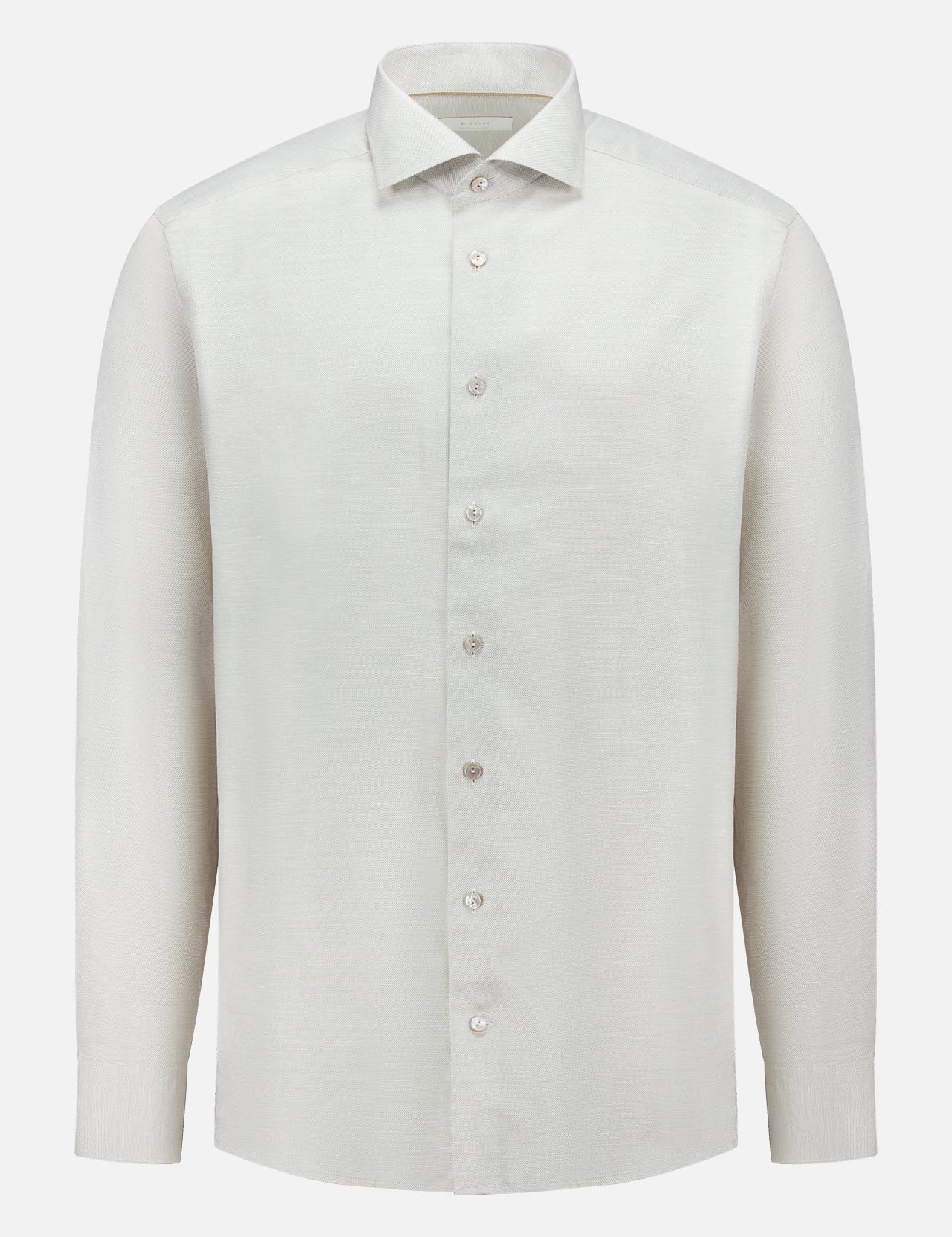 The ETON Semi Solid Cotton Linen Dress Shirt features a classic collar, button-up front, slim fit, and long sleeves in crisp white—ideal for formal occasions. Displayed on a white background.