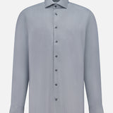 The ETON Semi Solid Dobby Contemporary Dress Shirt in light gray features a classic collar, buttoned cuffs, subtle textured pattern, and wrinkle-resistant fabric. This long-sleeve shirt is shown on a plain white background.