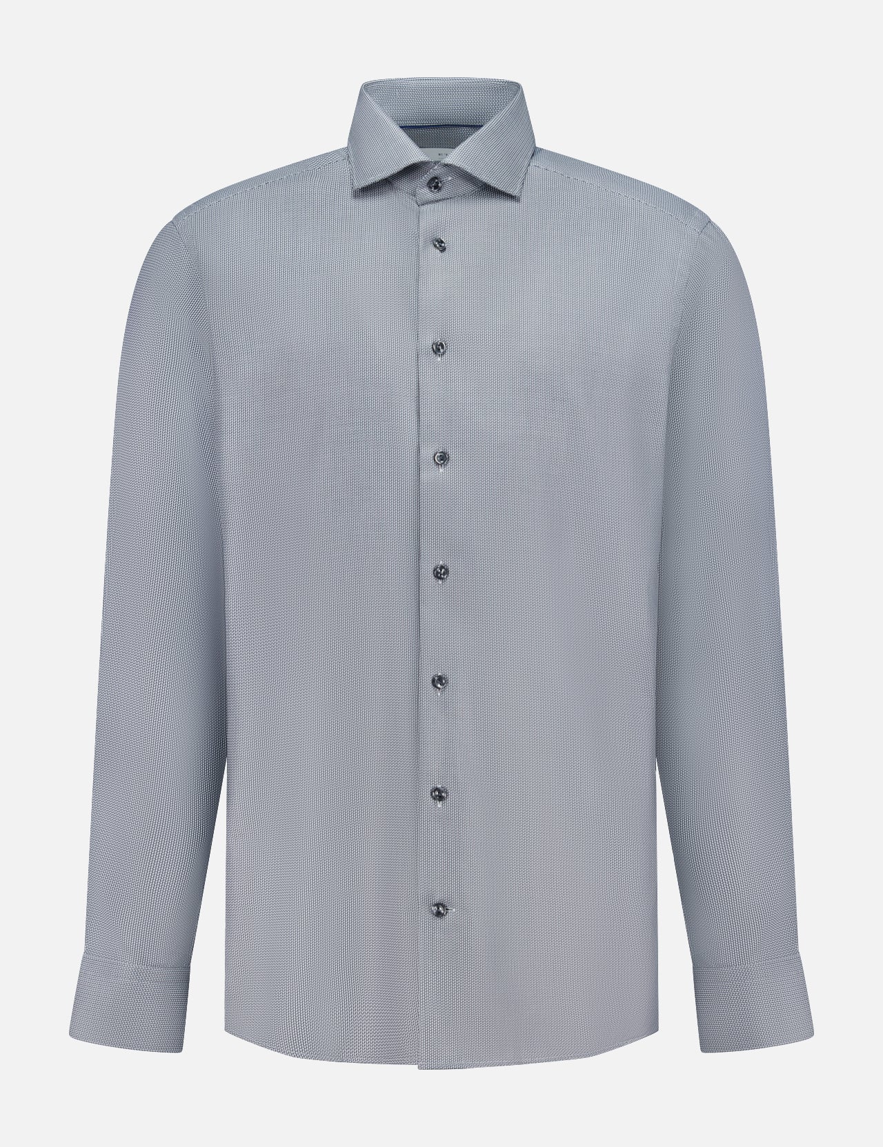 The ETON Semi Solid Dobby Contemporary Dress Shirt in light gray features a classic collar, buttoned cuffs, subtle textured pattern, and wrinkle-resistant fabric. This long-sleeve shirt is shown on a plain white background.