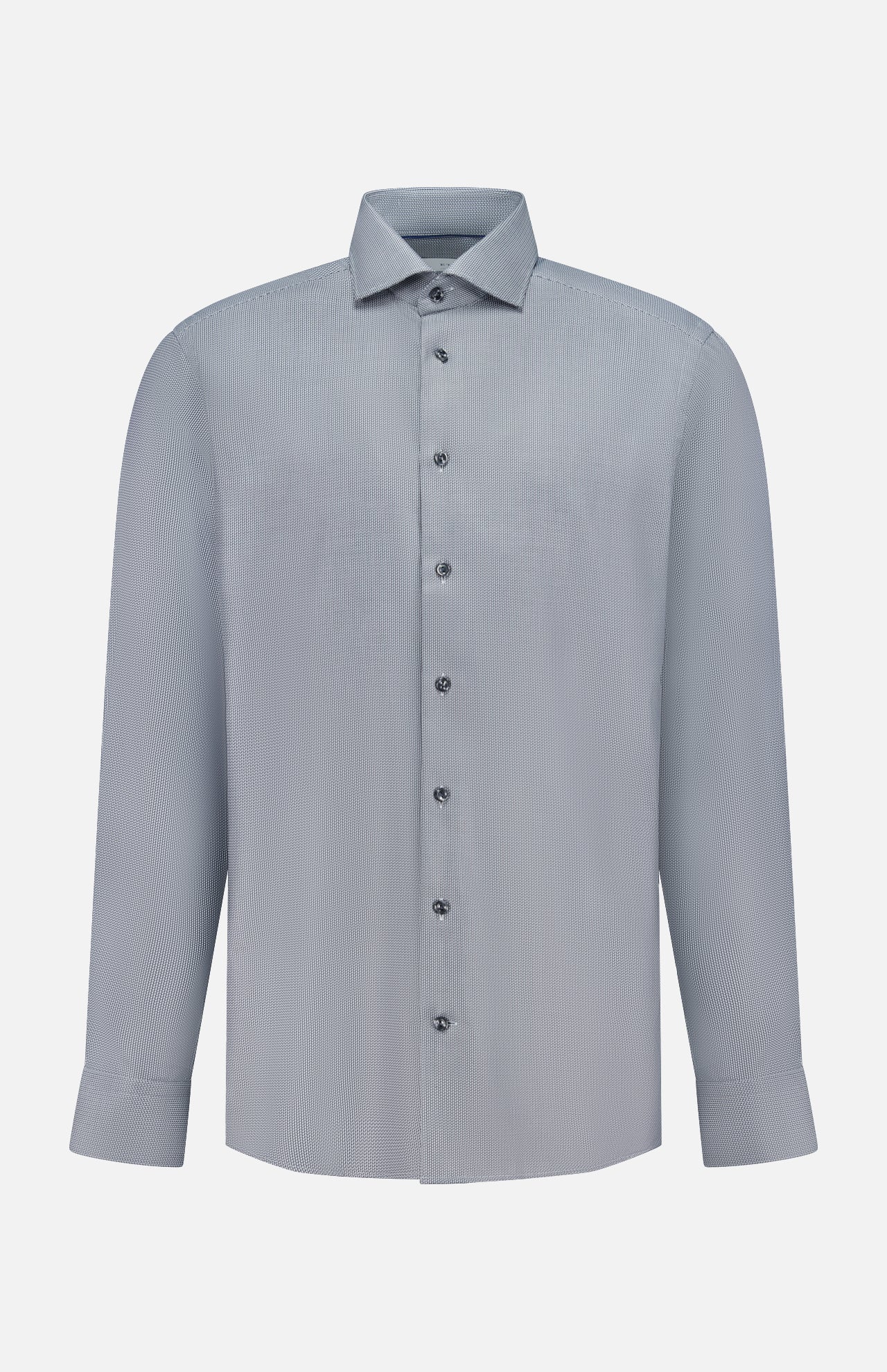 The ETON Semi Solid Dobby Contemporary Dress Shirt in light gray features a classic collar, buttoned cuffs, subtle textured pattern, and wrinkle-resistant fabric. This long-sleeve shirt is shown on a plain white background.