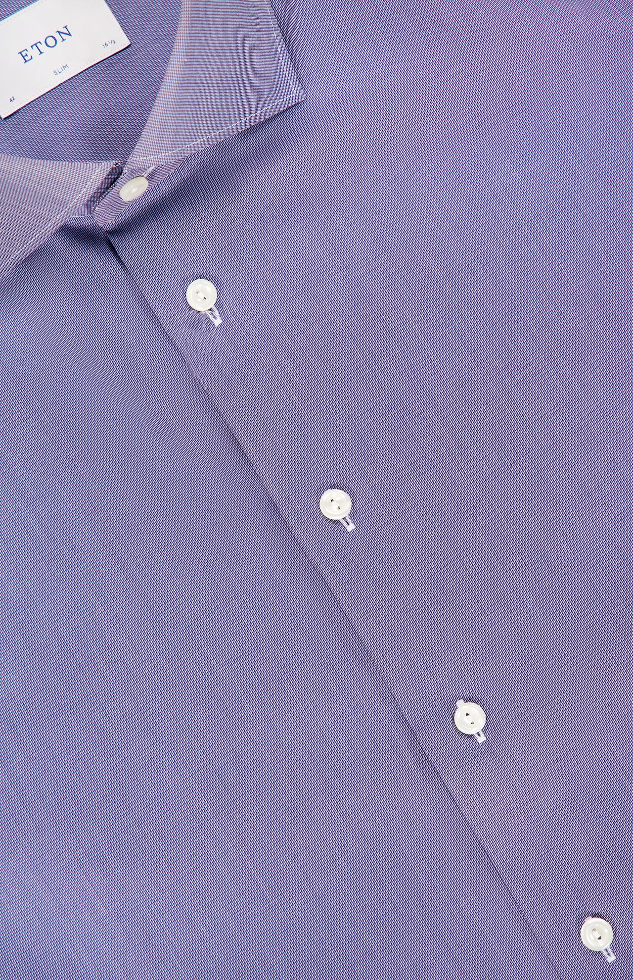 Eton Semi Solid Twill Slim Dress Shirt in purple, featuring a slim fit, wrinkle-resistant cotton, a spread collar, and light-colored buttons.