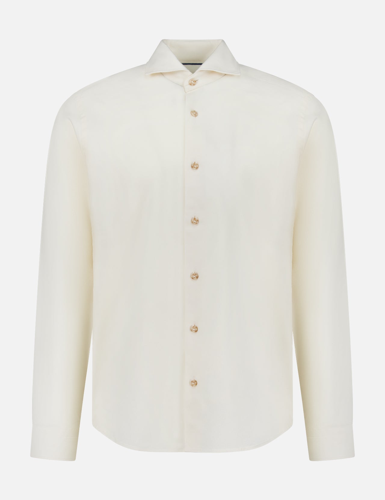 The ETON Solid Flannel Shirt is a long-sleeved, off-white cotton flannel shirt with a classic collar, designed for casual comfort and crafted from premium fabric sourced from the renowned Italian mill Canclini. Shown on a plain white background.