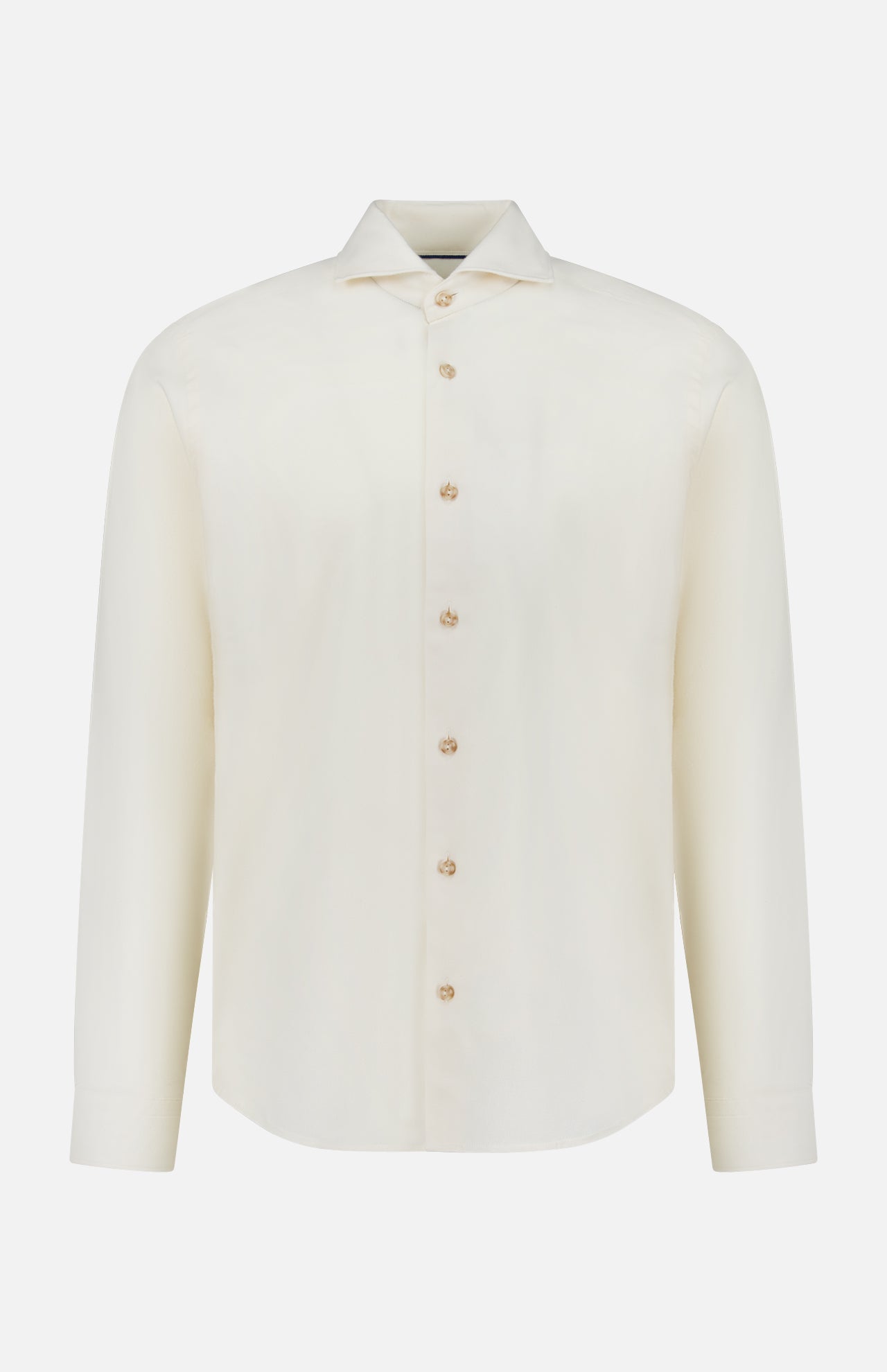 The ETON Solid Flannel Shirt is a long-sleeved, off-white cotton flannel shirt with a classic collar, designed for casual comfort and crafted from premium fabric sourced from the renowned Italian mill Canclini. Shown on a plain white background.
