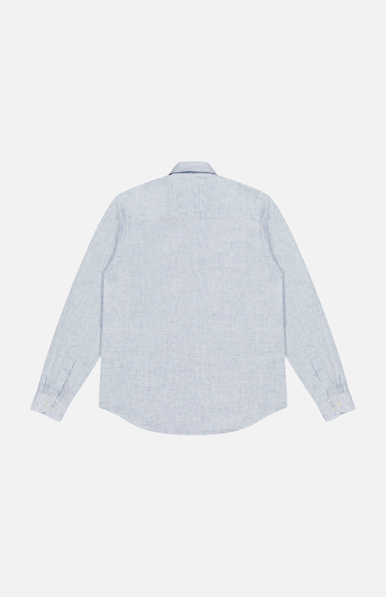 The ETON Solid Linen Dress Shirt for men in light blue features long sleeves, a classic collar, and cuffs, displayed from the back against a plain white background.
