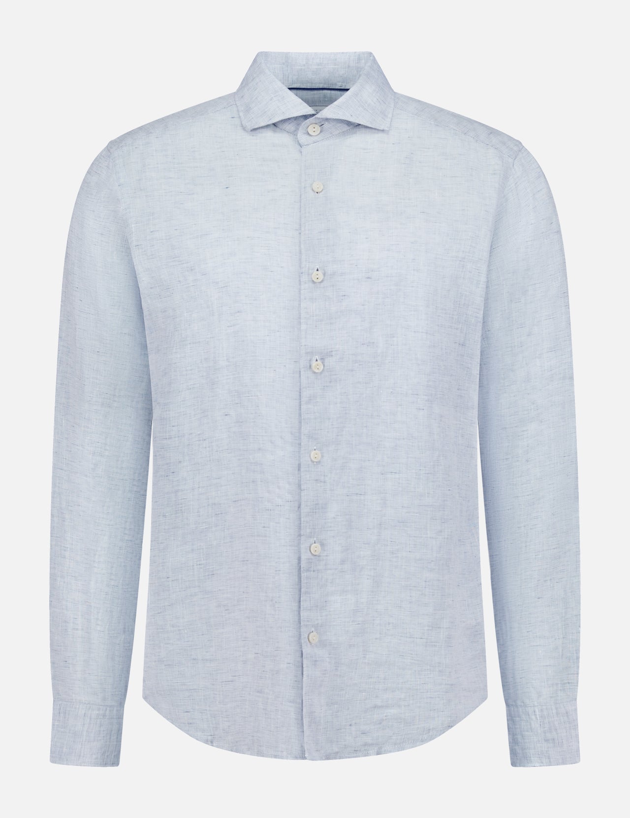 The ETON Solid Linen Dress Shirt in light blue features long sleeves, a classic collar, and white buttons, shown on a plain white background.