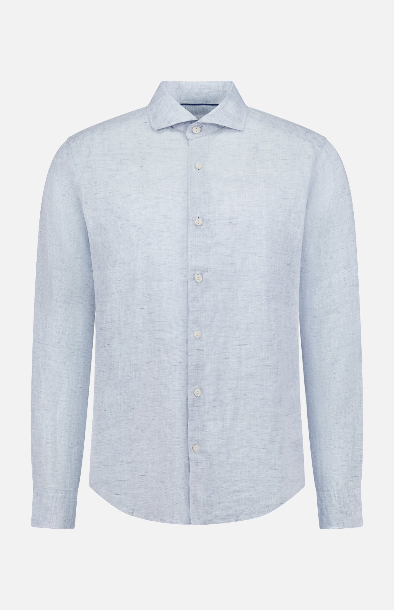 The ETON Solid Linen Dress Shirt in light blue features long sleeves, a classic collar, and white buttons, shown on a plain white background.