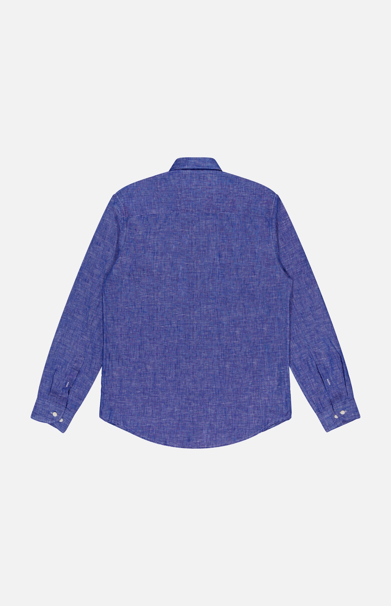 The ETON Solid Linen Dress Shirt for men features long sleeves and button cuffs in blue textured fabric, displayed from the back against a plain white background.