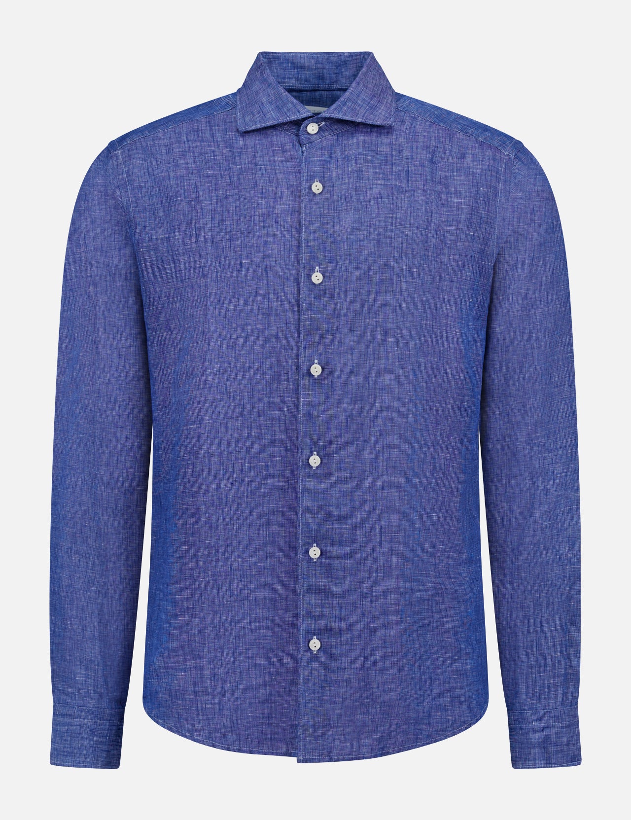 The ETON Solid Linen Dress Shirt, a textured long-sleeve, button-up in solid blue, is shown against a plain white background.