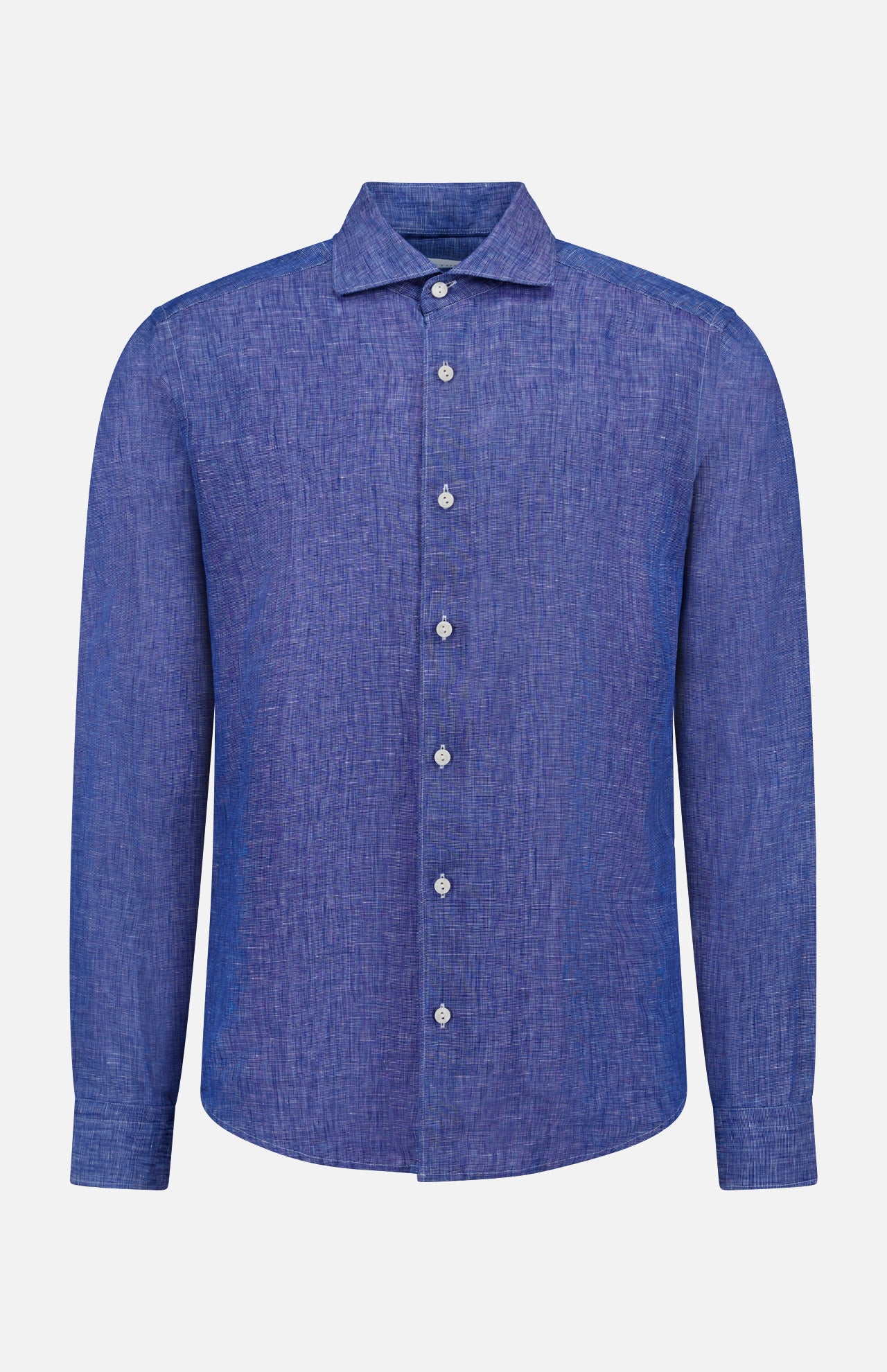 The ETON Solid Linen Dress Shirt, a textured long-sleeve, button-up in solid blue, is shown against a plain white background.