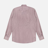 The ETON Striped Fine Twill Contemporary Dress Shirt is shown laid flat, back facing up. It has long sleeves, buttoned cuffs, a classic collar, subtle vertical stripes, and a curved hem in light mauve.