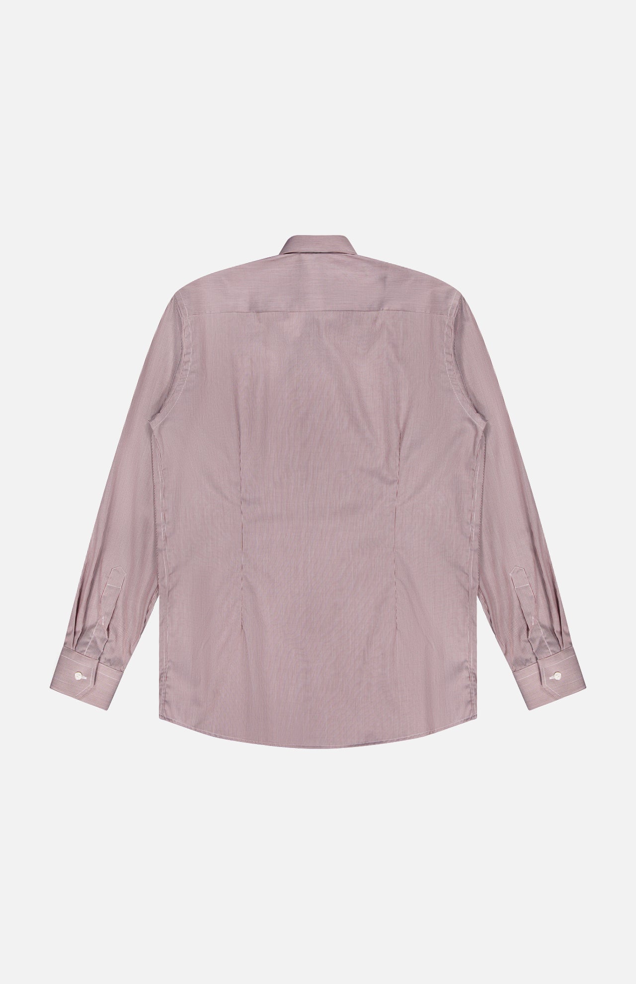 The ETON Striped Fine Twill Contemporary Dress Shirt is shown laid flat, back facing up. It has long sleeves, buttoned cuffs, a classic collar, subtle vertical stripes, and a curved hem in light mauve.