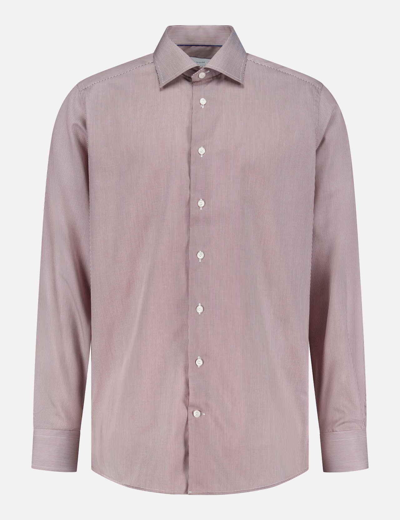 The ETON Striped Fine Twill Contemporary Dress Shirt is a men's long-sleeve, button-up office shirt with a classic collar and white buttons, crafted from wrinkle-resistant cotton and shown against a plain white background.