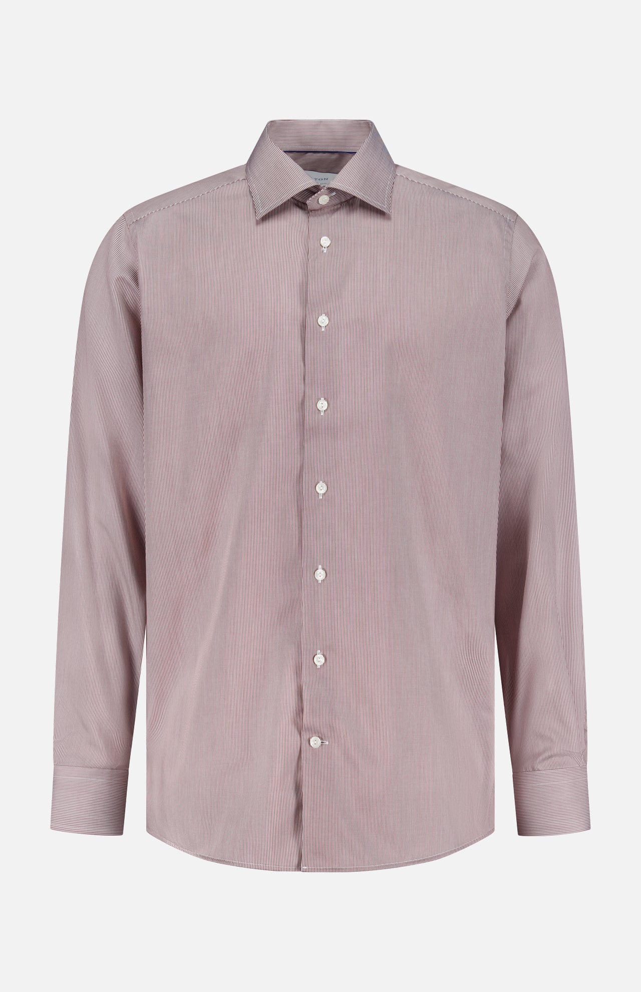 The ETON Striped Fine Twill Contemporary Dress Shirt is a men's long-sleeve, button-up office shirt with a classic collar and white buttons, crafted from wrinkle-resistant cotton and shown against a plain white background.