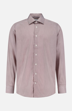 The ETON Striped Fine Twill Contemporary Dress Shirt is a men's long-sleeve, button-up office shirt with a classic collar and white buttons, crafted from wrinkle-resistant cotton and shown against a plain white background.