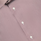 Close-up of the ETON Striped Fine Twill Contemporary Dress Shirt, featuring thin diagonal red and white stripes, white buttons, and a pointed collar with an ETON label.