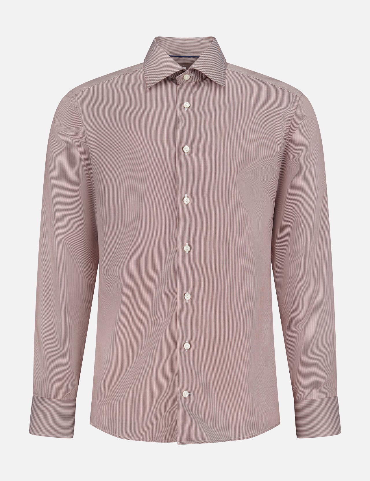 The ETON Striped Fine Twill Slim Dress Shirt features long sleeves, a classic collar, white buttons, and a modern slim fit. Displayed on a white background, it's ideal for formal or business occasions.