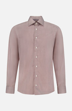 The ETON Striped Fine Twill Slim Dress Shirt features long sleeves, a classic collar, white buttons, and a modern slim fit. Displayed on a white background, it's ideal for formal or business occasions.