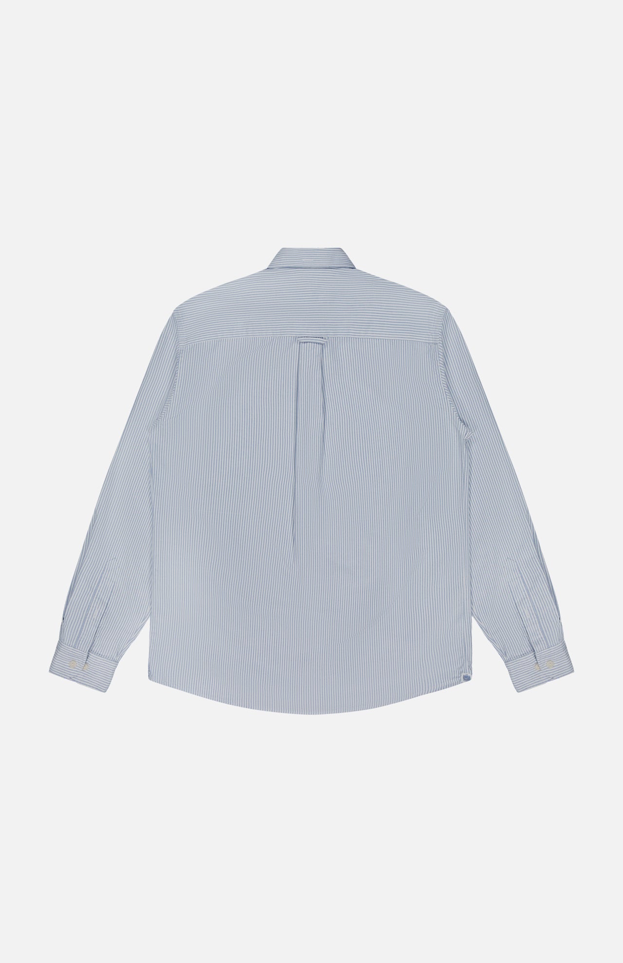 The Striped Cotton Oxford Shirt by ETON is shown from the back in light blue and white vertical stripes, featuring a back yoke, box pleat, and buttoned cuffs in soft cotton.