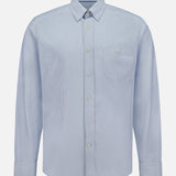 The Striped Cotton Oxford Shirt by ETON is crafted from soft cotton in light blue and white vertical stripes, featuring long sleeves, a classic collar, front chest pocket, and buttoned cuffs. Displayed on a plain white background.