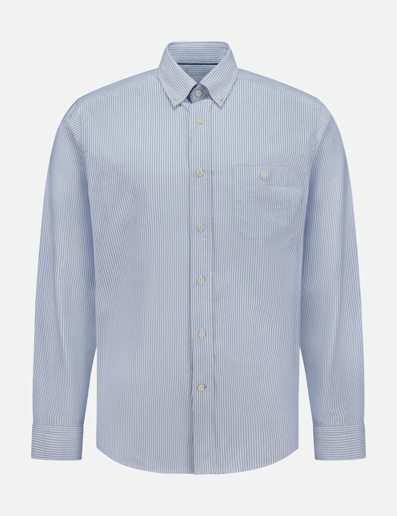 The Striped Cotton Oxford Shirt by ETON is crafted from soft cotton in light blue and white vertical stripes, featuring long sleeves, a classic collar, front chest pocket, and buttoned cuffs. Displayed on a plain white background.