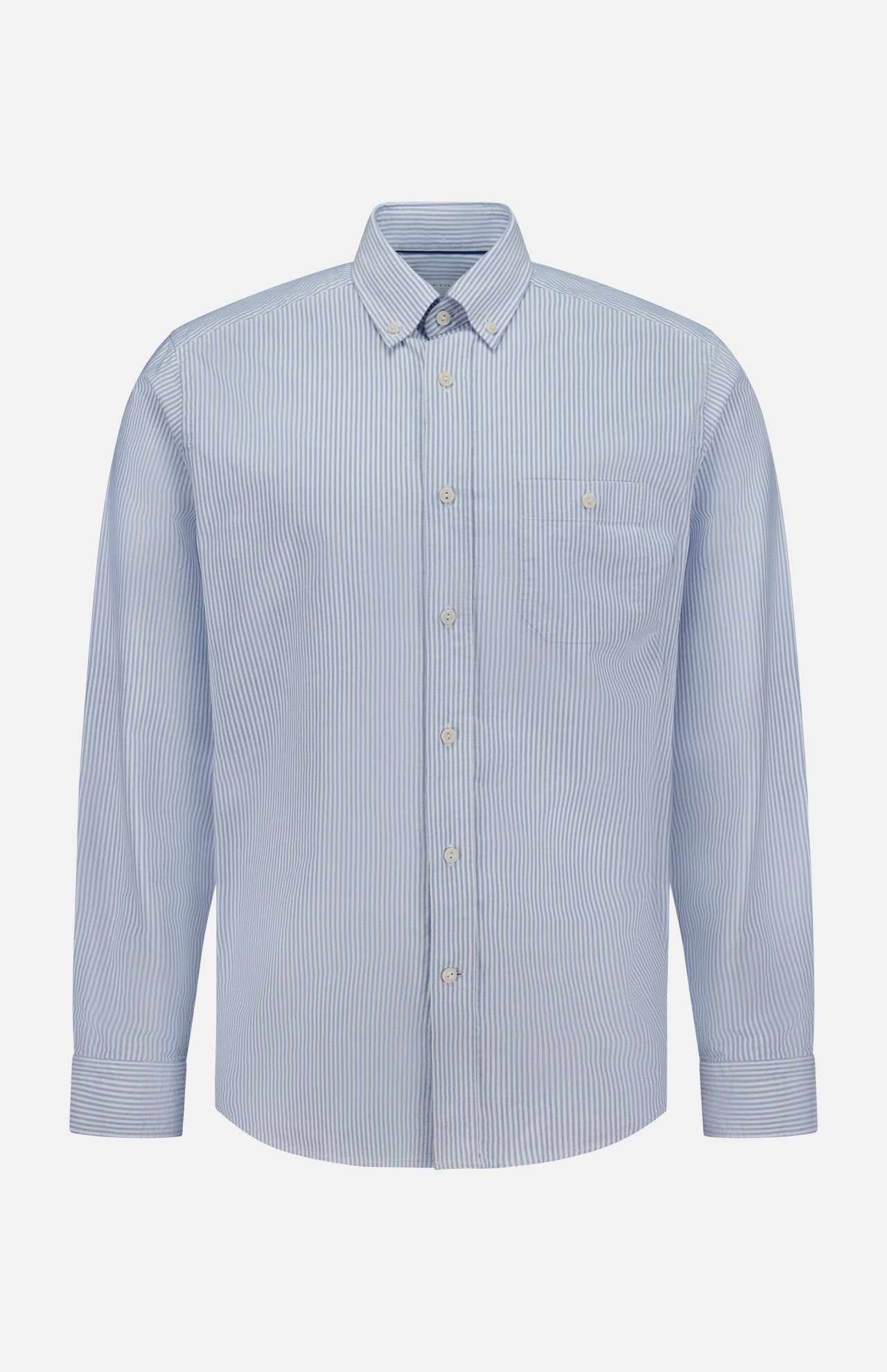 The Striped Cotton Oxford Shirt by ETON is crafted from soft cotton in light blue and white vertical stripes, featuring long sleeves, a classic collar, front chest pocket, and buttoned cuffs. Displayed on a plain white background.