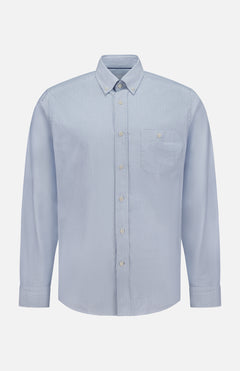 The Striped Cotton Oxford Shirt by ETON is crafted from soft cotton in light blue and white vertical stripes, featuring long sleeves, a classic collar, front chest pocket, and buttoned cuffs. Displayed on a plain white background.