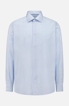 The ETON Striped Signature Twill Slim Dress Shirt is light blue with thin vertical white stripes, long sleeves, and a button-down front, shown on a plain white background.