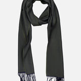The ETON Twill Merino Wool Scarf, crafted in Italy, features a dark green hue with understated yellow edges and fringed ends, and is shown laid flat against a plain white background.