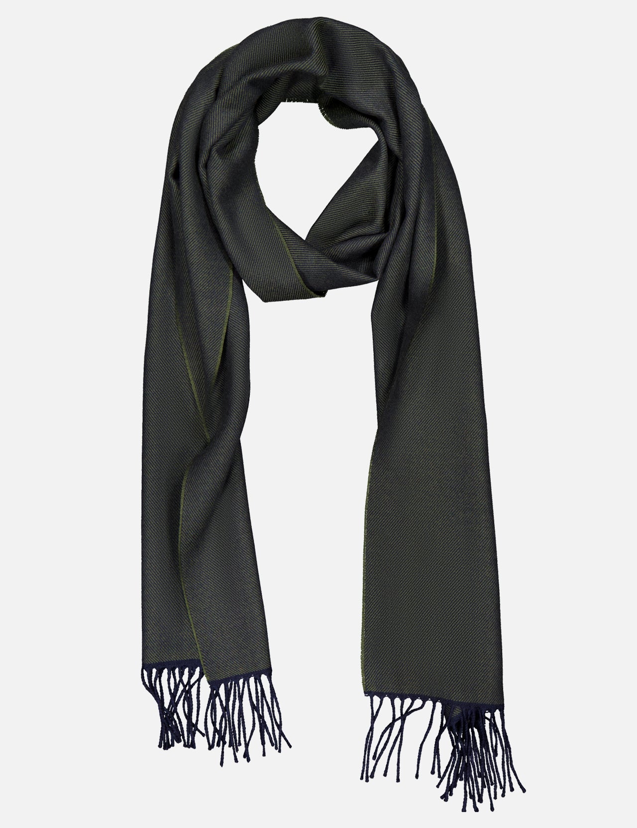 The ETON Twill Merino Wool Scarf, crafted in Italy, features a dark green hue with understated yellow edges and fringed ends, and is shown laid flat against a plain white background.