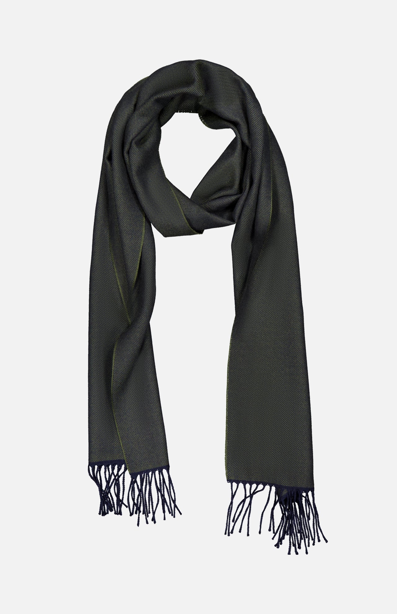 The ETON Twill Merino Wool Scarf, crafted in Italy, features a dark green hue with understated yellow edges and fringed ends, and is shown laid flat against a plain white background.