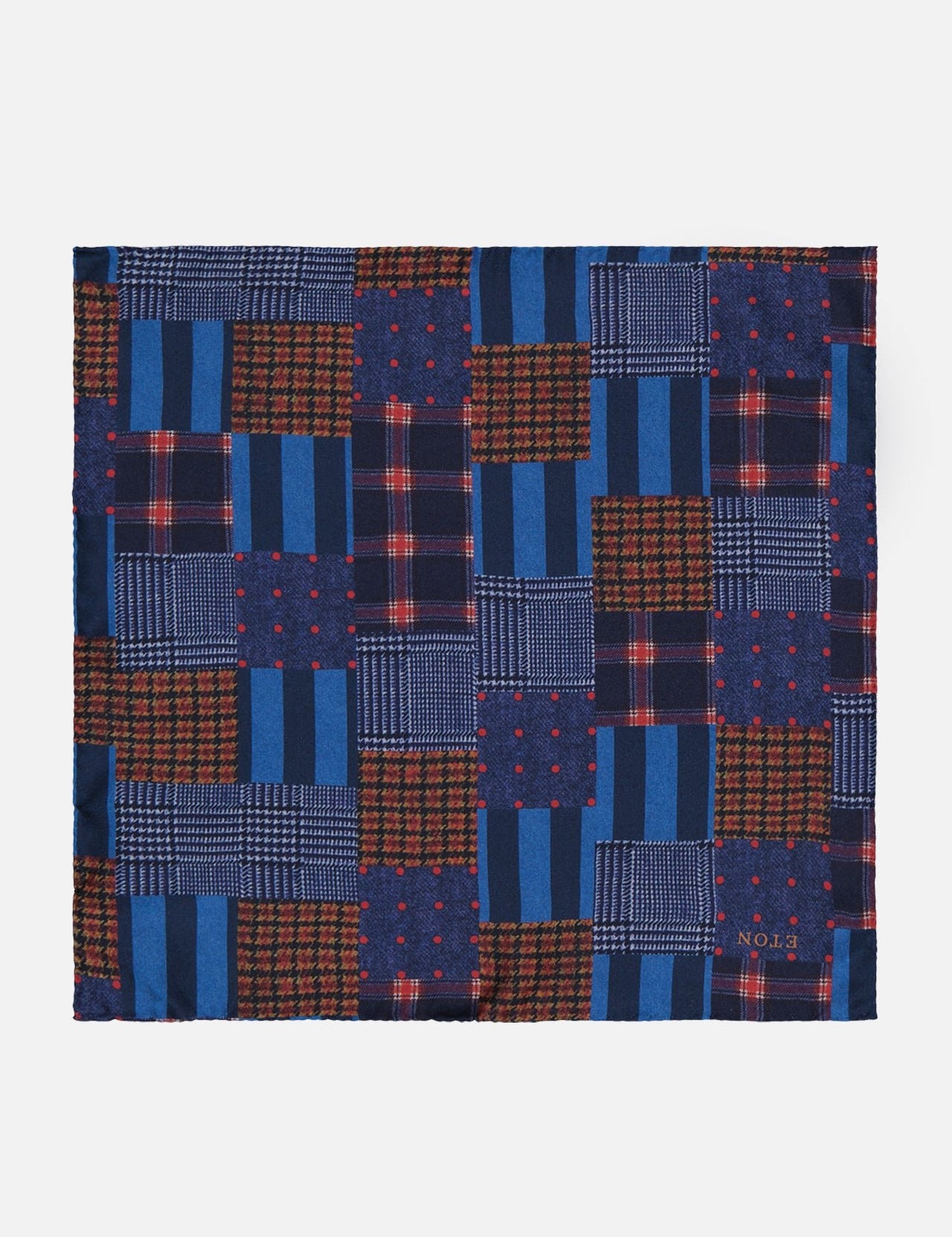 The ETON Patchwork Print Pocket Square is a rectangular silk accessory with multicolored blue, red, and brown patchwork designs—featuring checks, stripes, and dots—and a NO13 label in the bottom right corner.