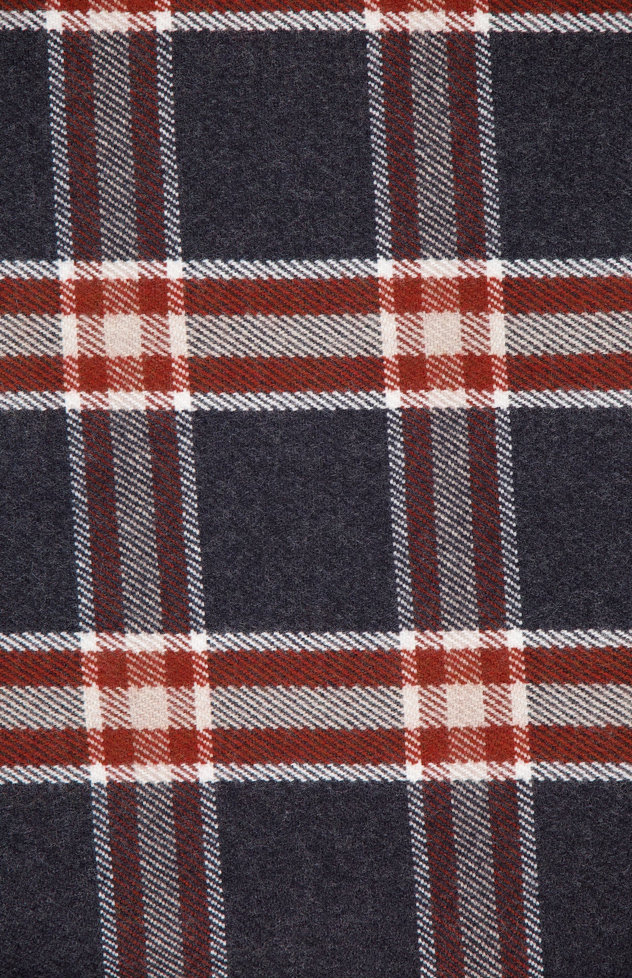A close-up of the ETON Plaid Merino Wool Scarf made in Italy, featuring a plaid pattern with intersecting navy blue, burgundy, and cream stripes.