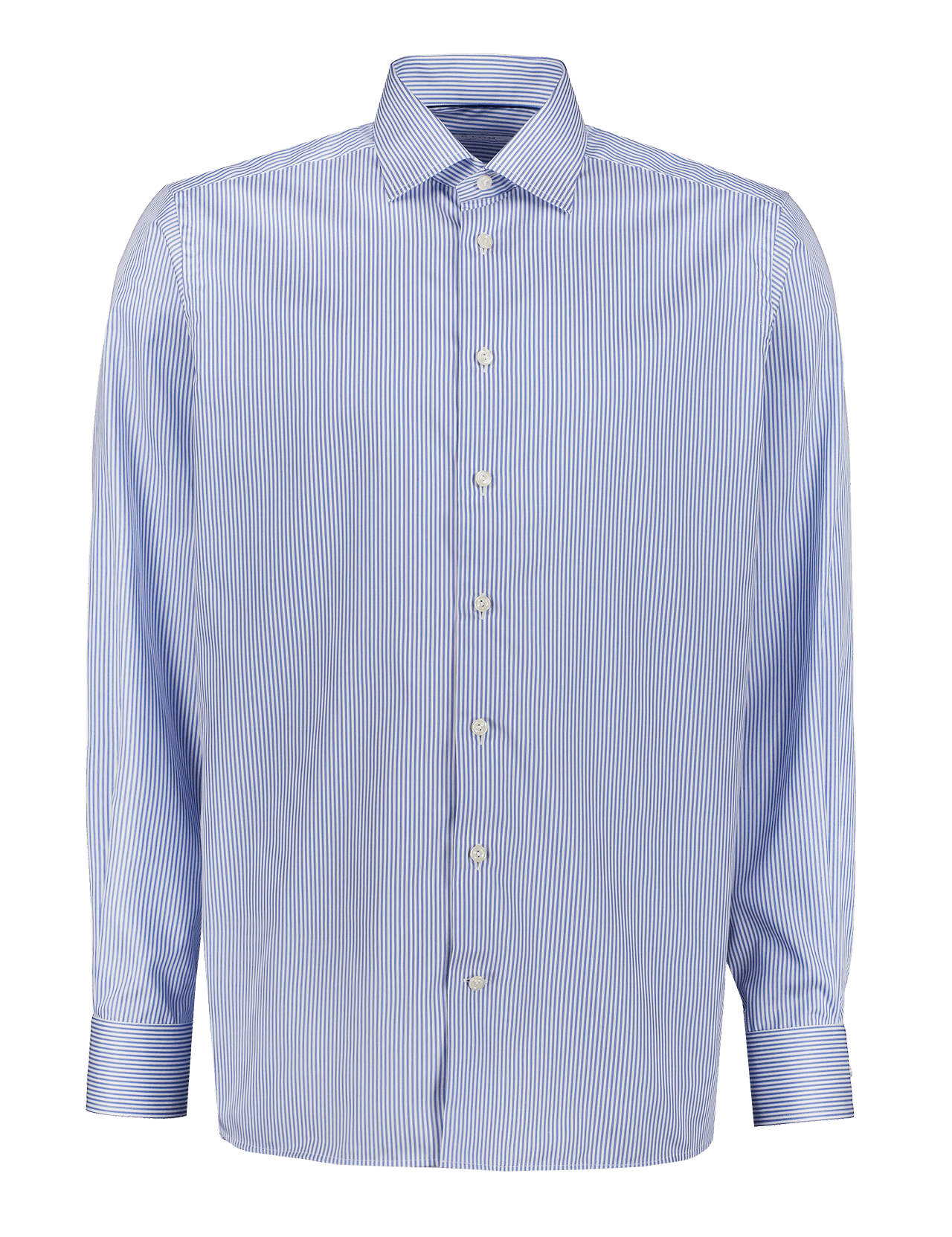 The ETON Royal Blue Bengal Stripe Shirt features royal blue and white vertical stripes, long sleeves, a classic collar, and buttoned cuffs. It is shown against a plain white background.