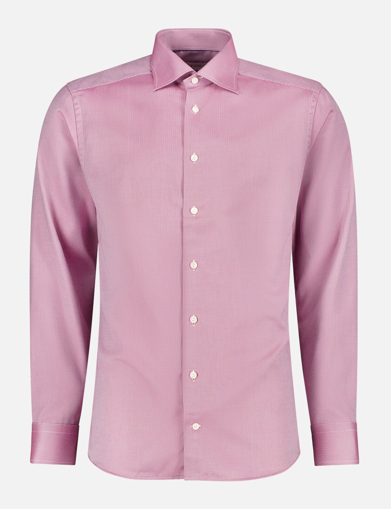 The ETON Semi Solid Signature Twill Shirt is a slim fit, long-sleeved men's dress shirt in light pink, featuring a classic collar and white buttons, made from soft cotton twill and shown on a plain white background.